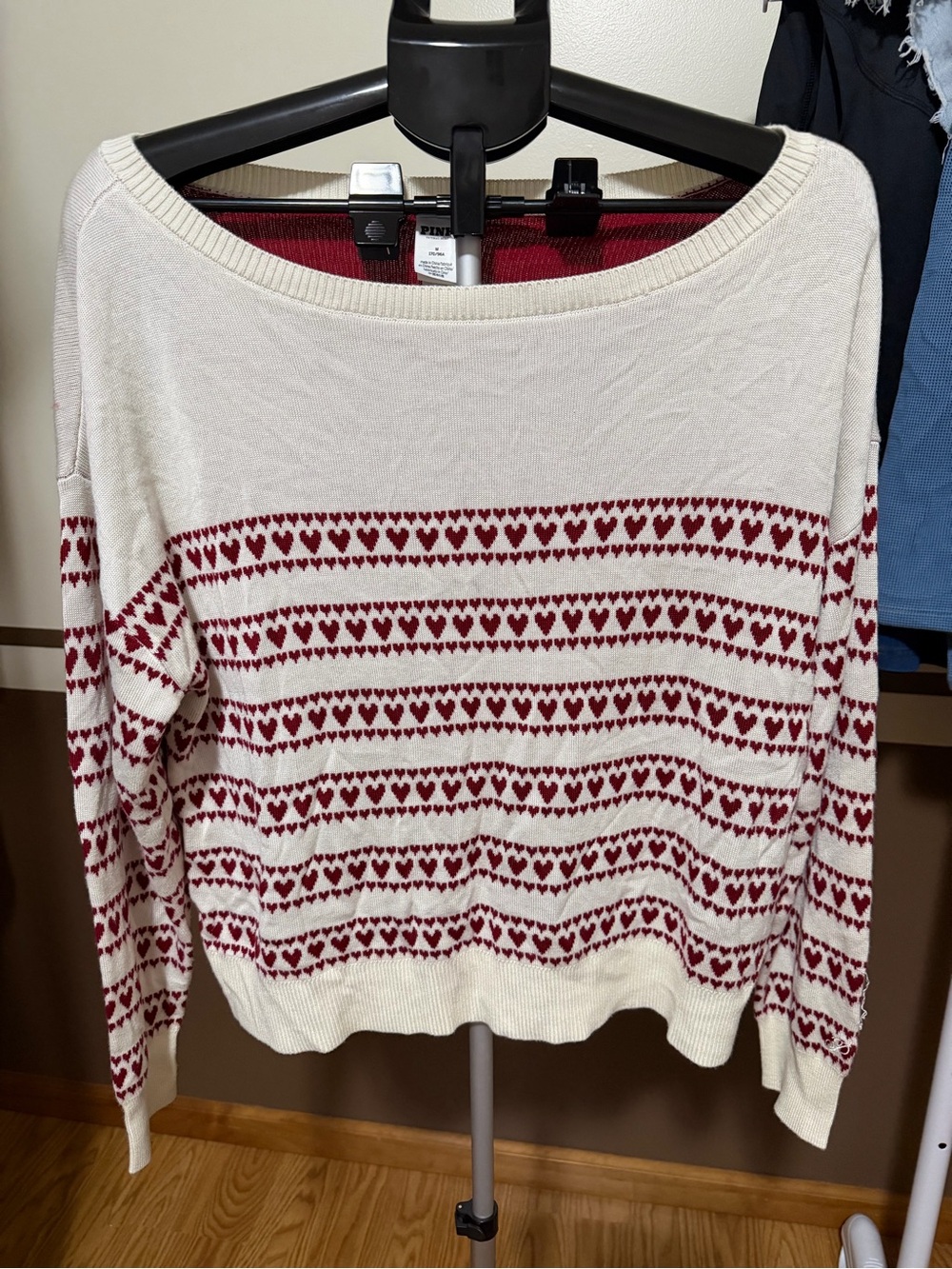 PINK Victoria's Secret Cream Off-the-Shoulder Sweater with Red Heart Stripes